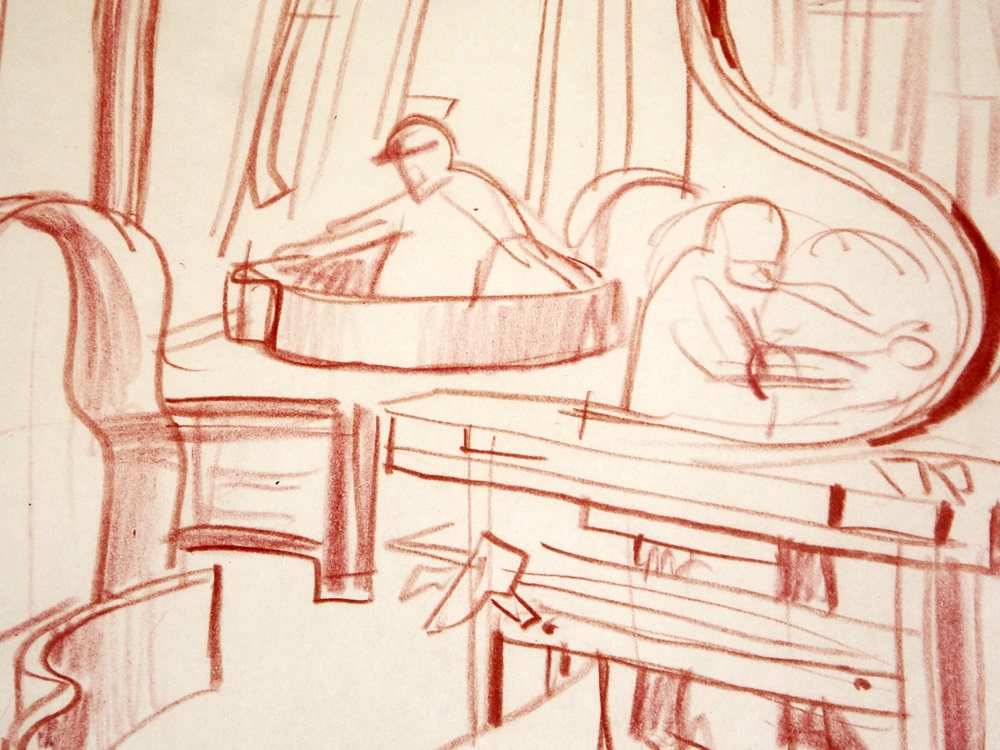 A Composition Study in Red Pencil by Winold Reiss For the Baldwin Piano Mosaic