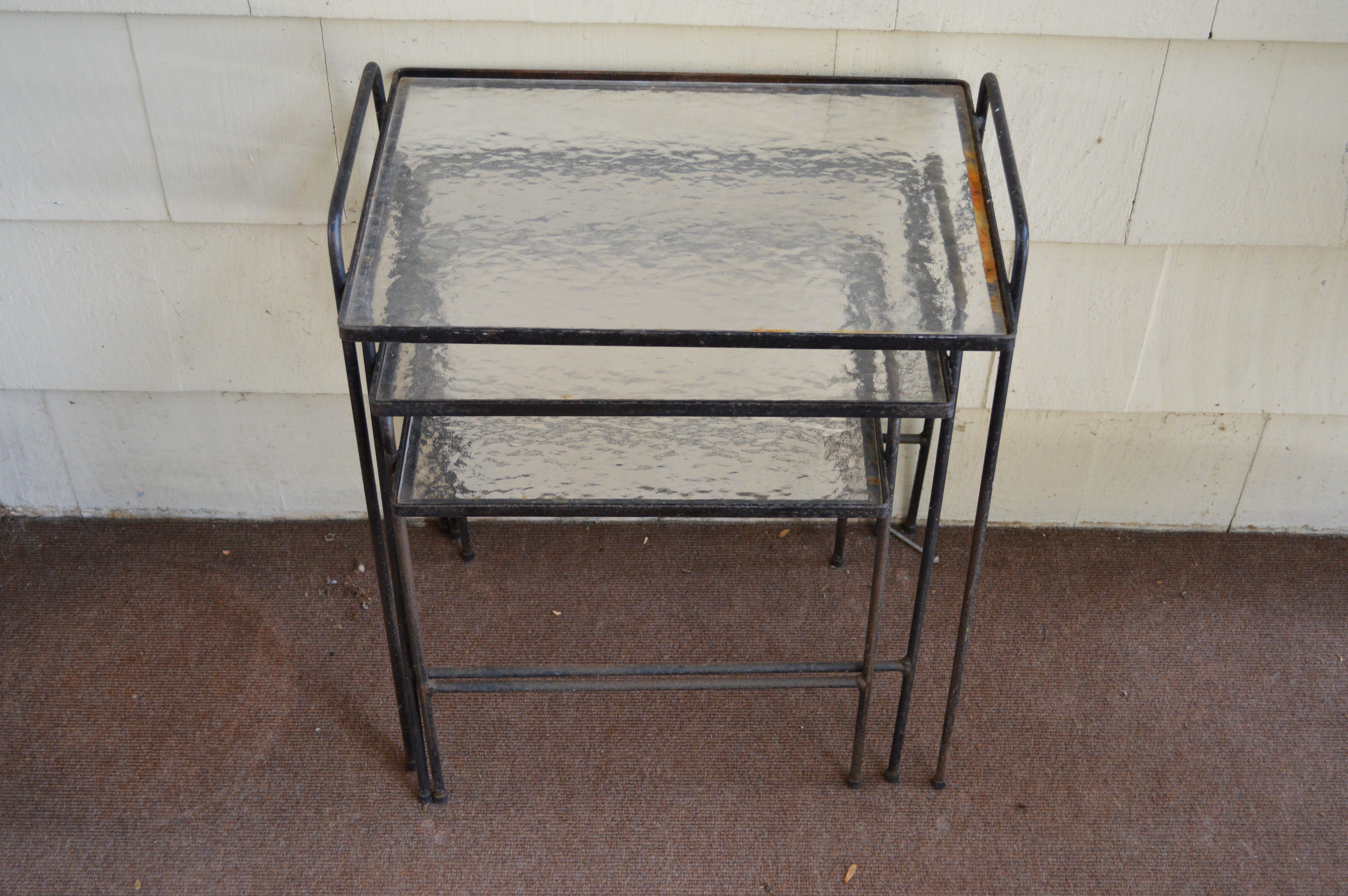 Set of Three Nesting Glass Top Wrought Iron Tables