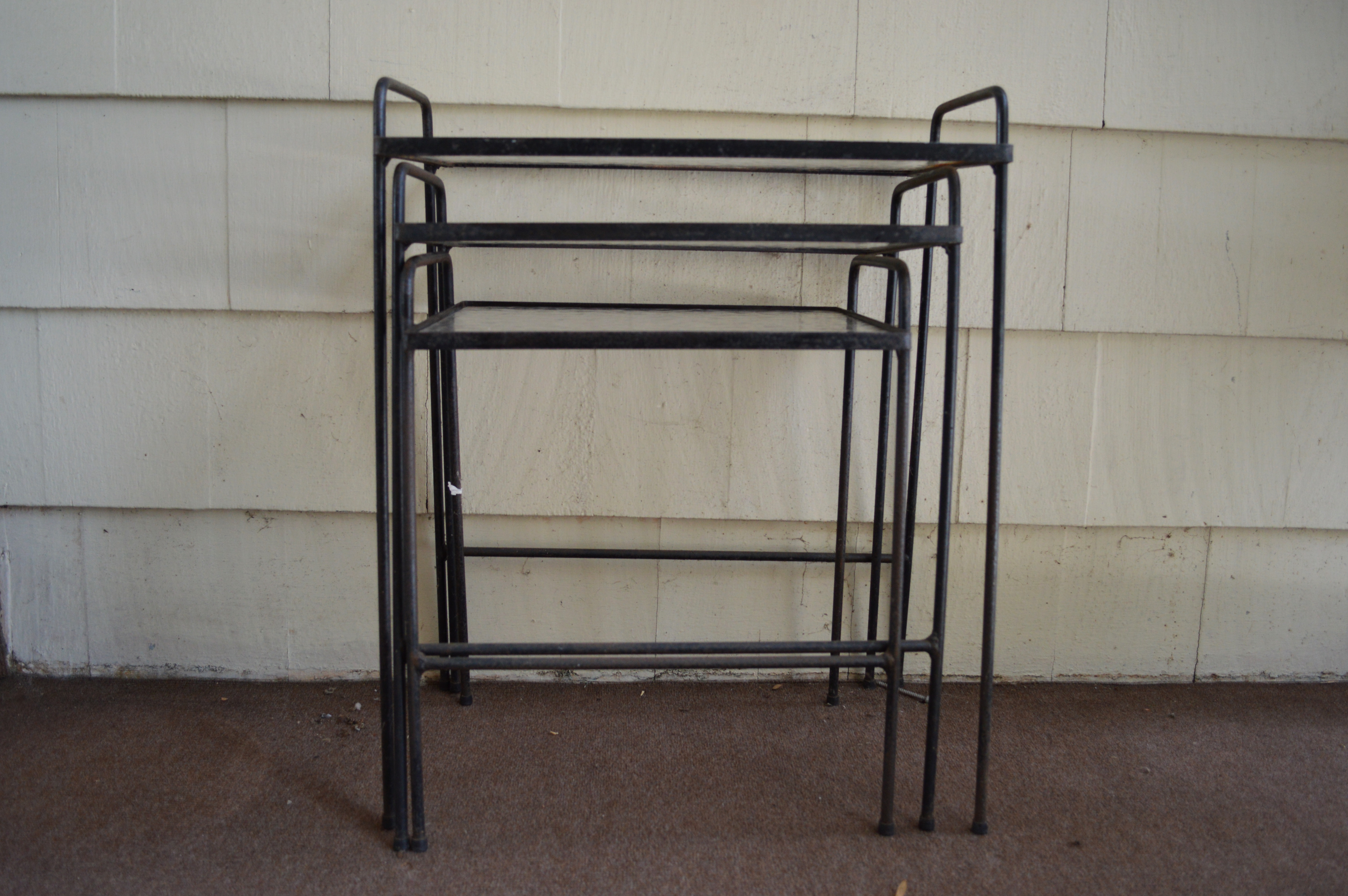 Set of Three Nesting Glass Top Wrought Iron Tables