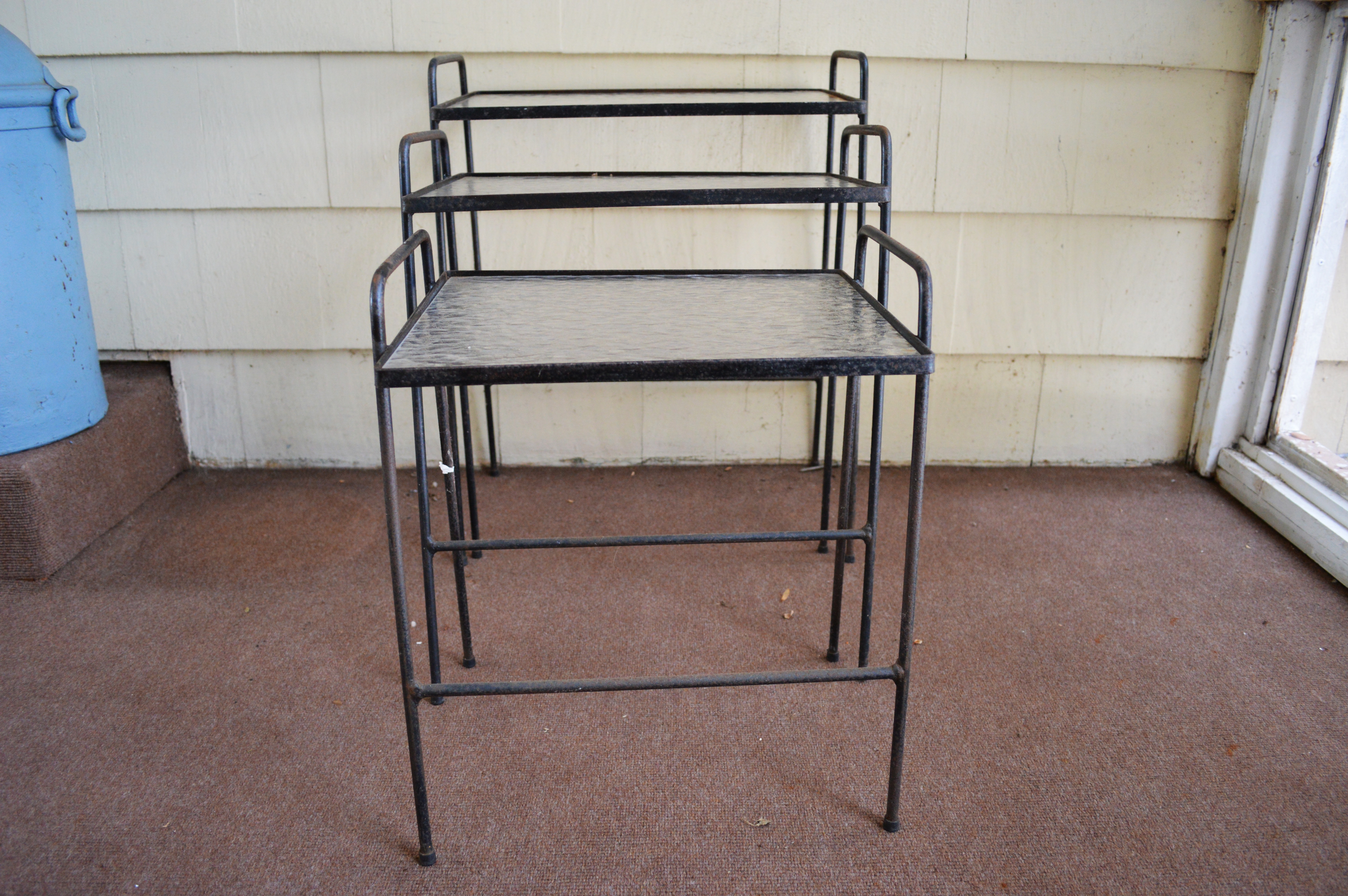 Set of Three Nesting Glass Top Wrought Iron Tables