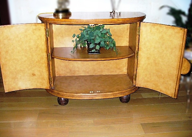 Unique Half-Moon Console Cabinet with Brass Elephant Head Handle and Inlaid Top