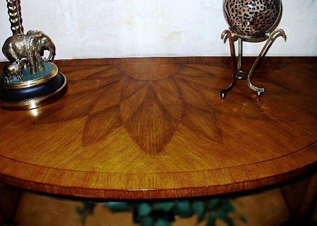 Unique Half-Moon Console Cabinet with Brass Elephant Head Handle and Inlaid Top