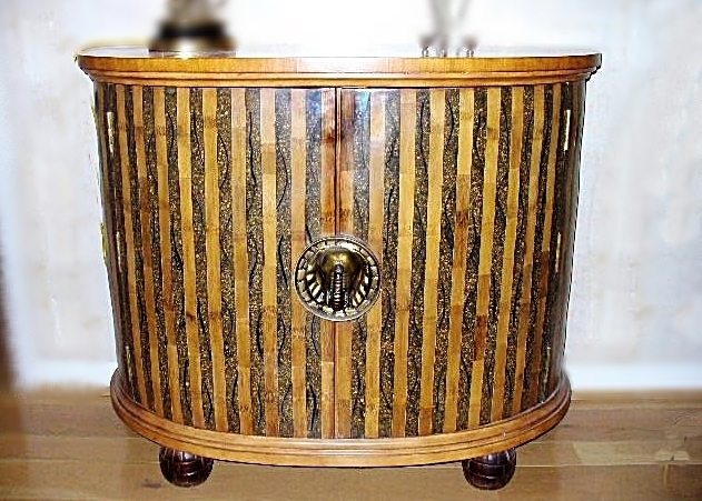 Unique Half-Moon Console Cabinet with Brass Elephant Head Handle and Inlaid Top