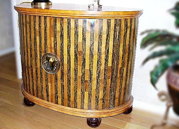 Unique Half-Moon Console Cabinet with Brass Elephant Head Handle and Inlaid Top