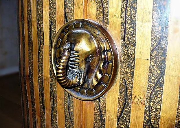 Unique Half-Moon Console Cabinet with Brass Elephant Head Handle and Inlaid Top