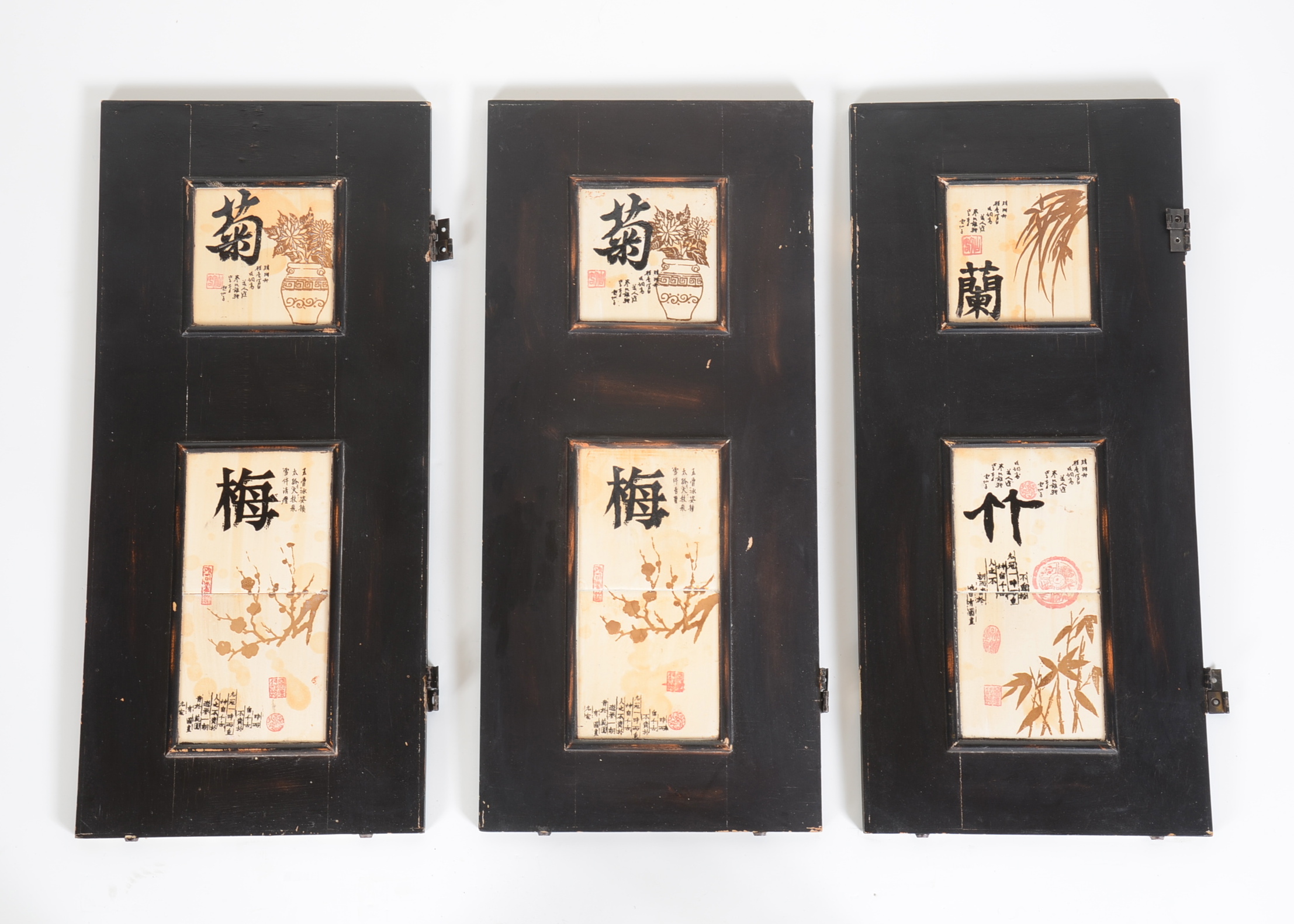 Three Vintage Black Door Panels with Asian Motif Hand-Painted Inset Tiles