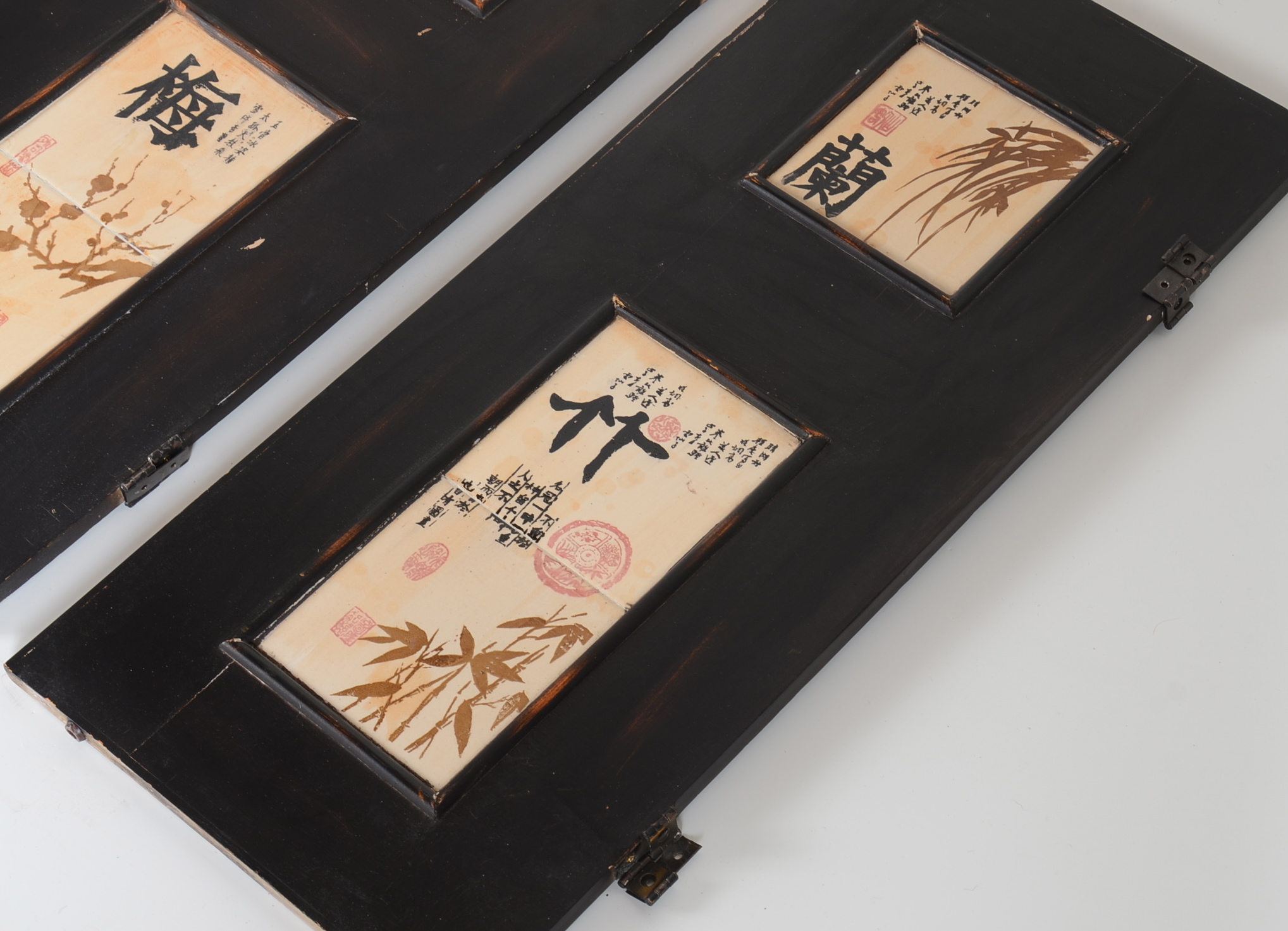 Three Vintage Black Door Panels with Asian Motif Hand-Painted Inset Tiles