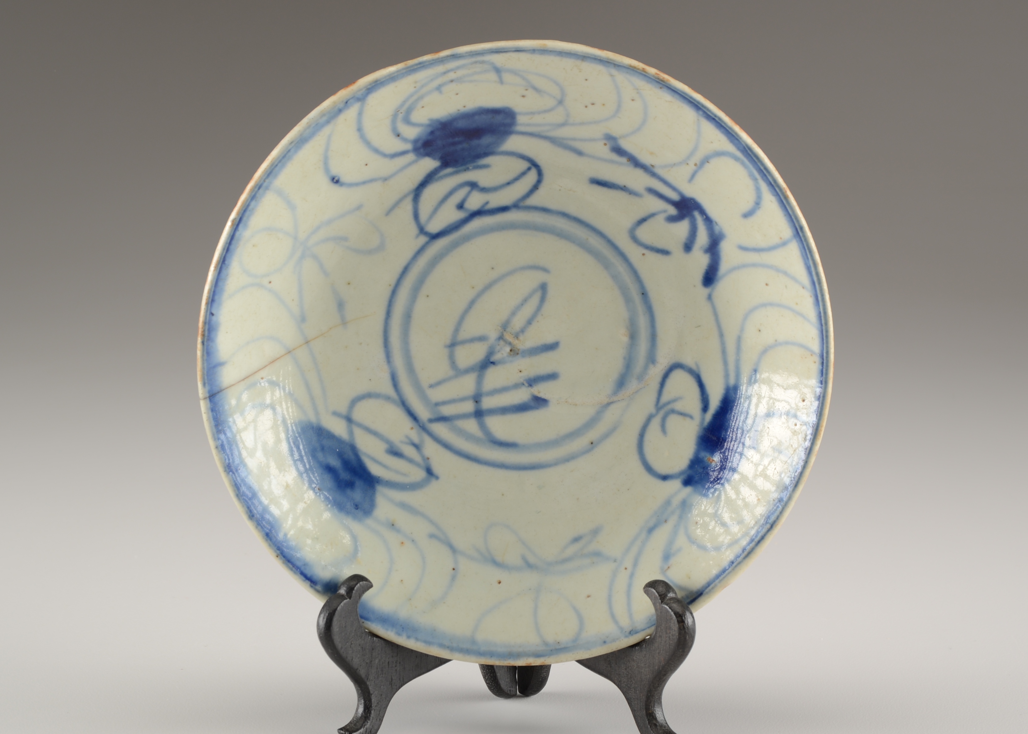 Antique Chinese Pottery Dish with Hand-Painted Blue Crab Motif