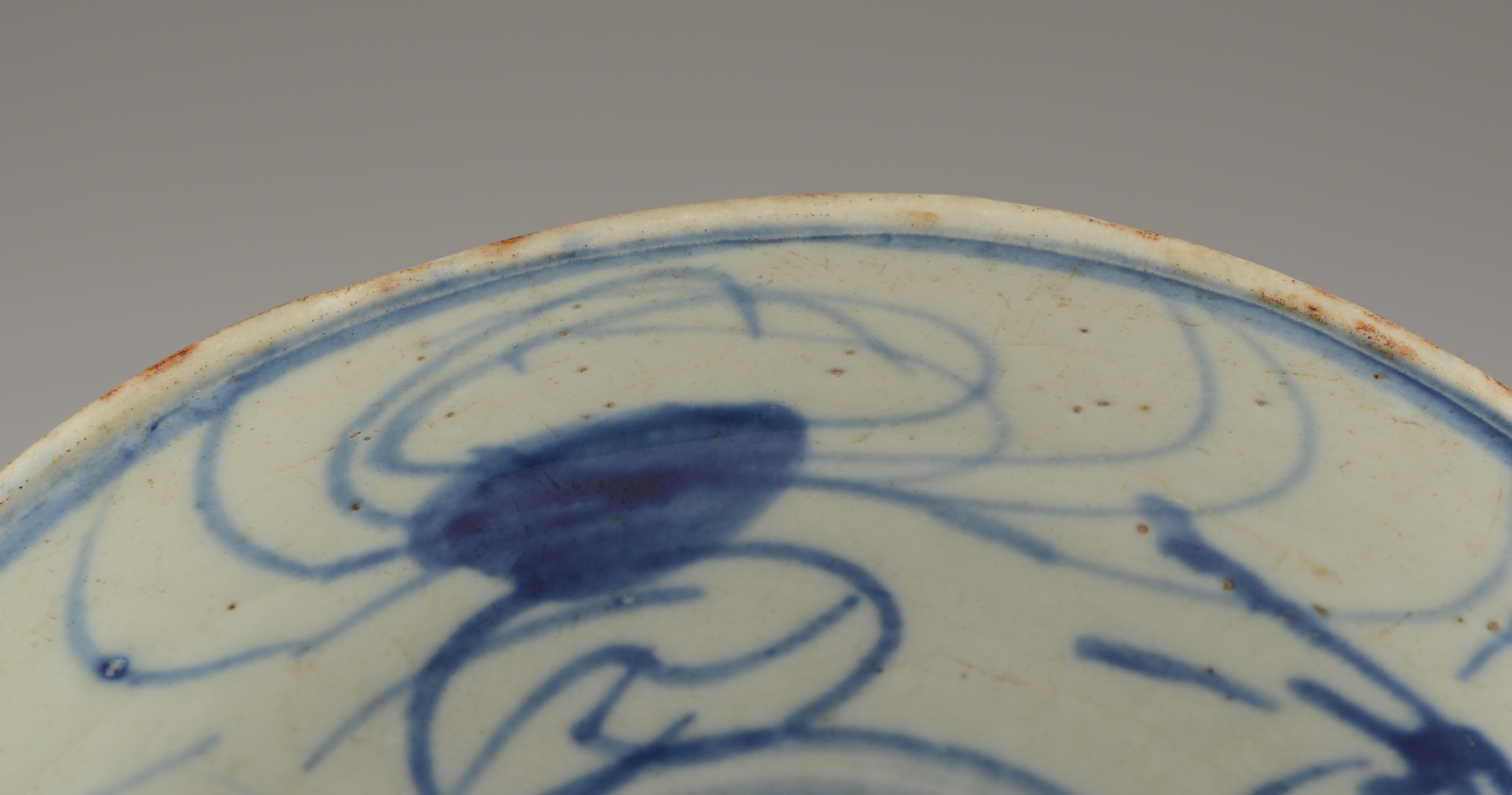 Antique Chinese Pottery Dish with Hand-Painted Blue Crab Motif