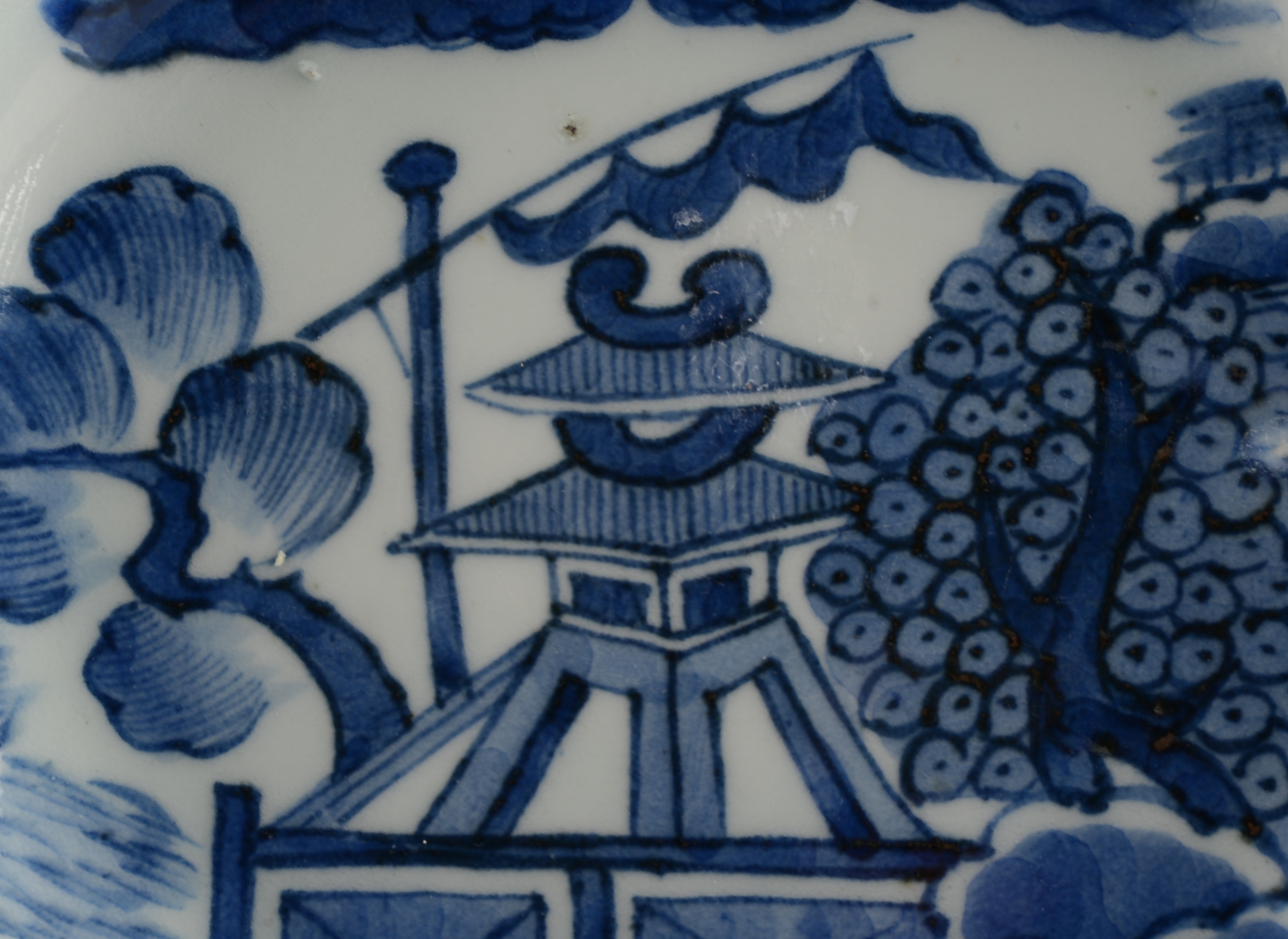 Antique Export Porcelain Oval Shallow Dish with Blue Scenery Design