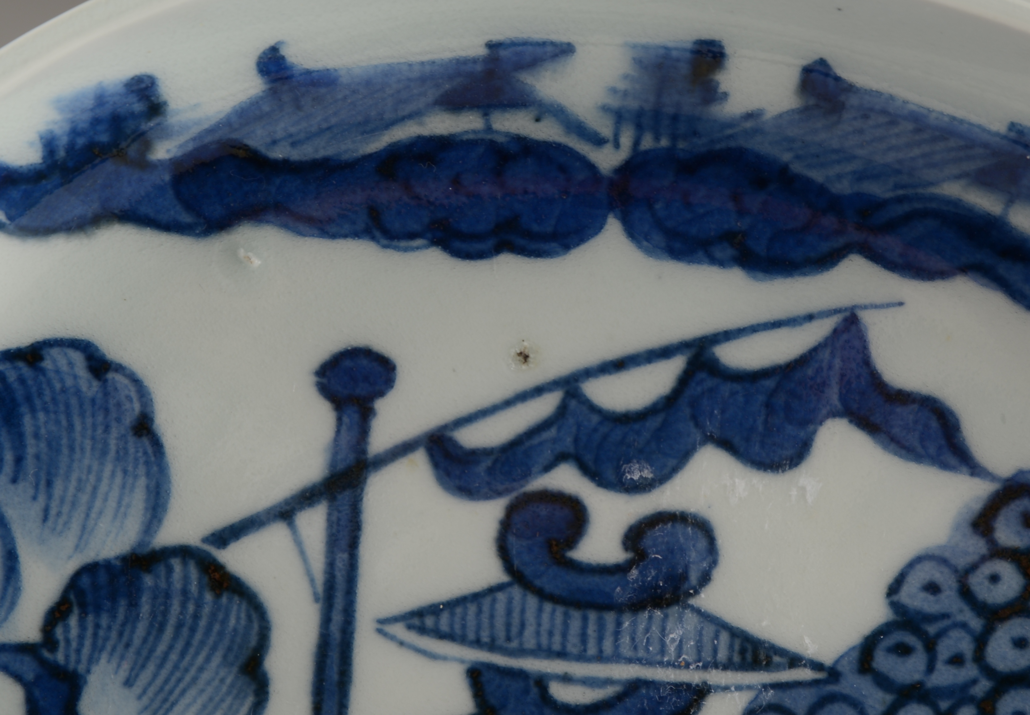 Antique Export Porcelain Oval Shallow Dish with Blue Scenery Design