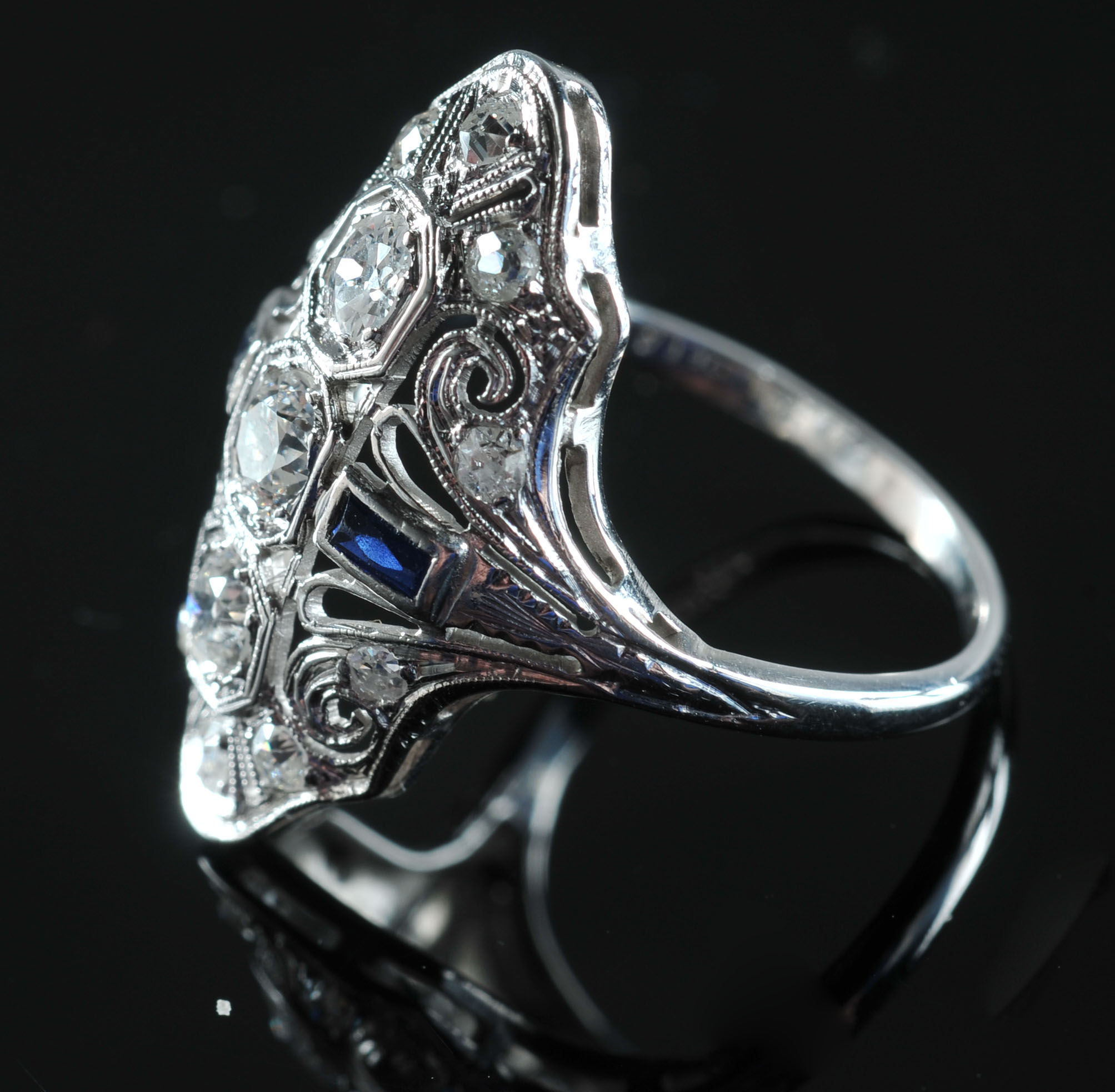 Art Nouveau Edwardian 14 K White Gold Diamond and Sapphire Ring