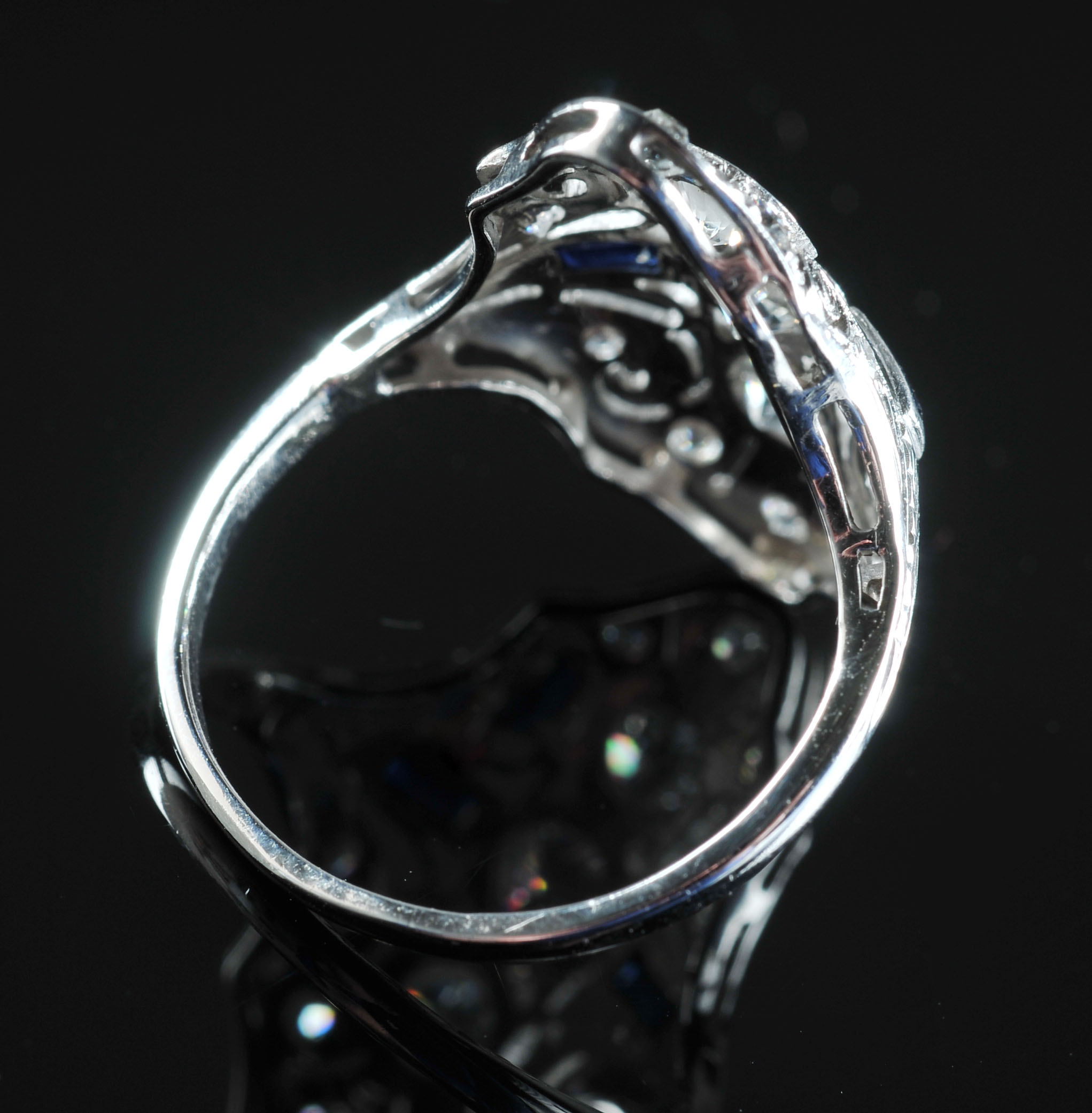 Art Nouveau Edwardian 14 K White Gold Diamond and Sapphire Ring