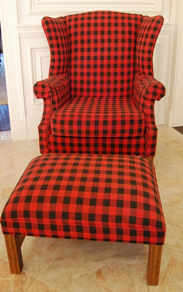 Red and Black Plaid Wingback Chair and Footstool