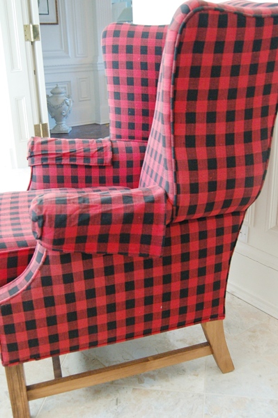 Red and Black Plaid Wingback Chair and Footstool