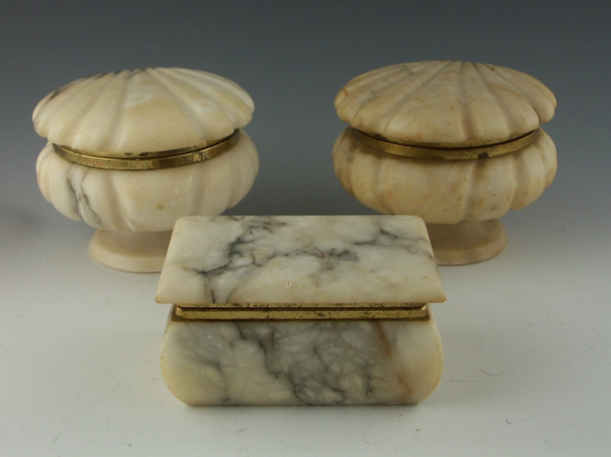 Three Carved Alabaster Trinket Boxes