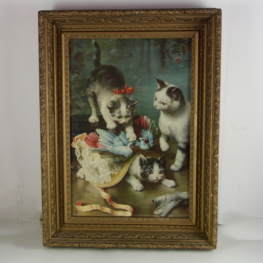 Antique C. Reichert 'Mischievous Kittens' Framed Print