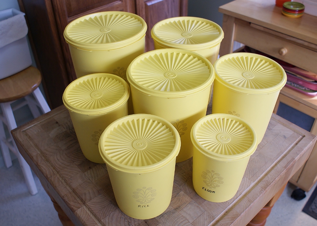 Lot of Seven Vintage Yellow Tupperware Cannisters