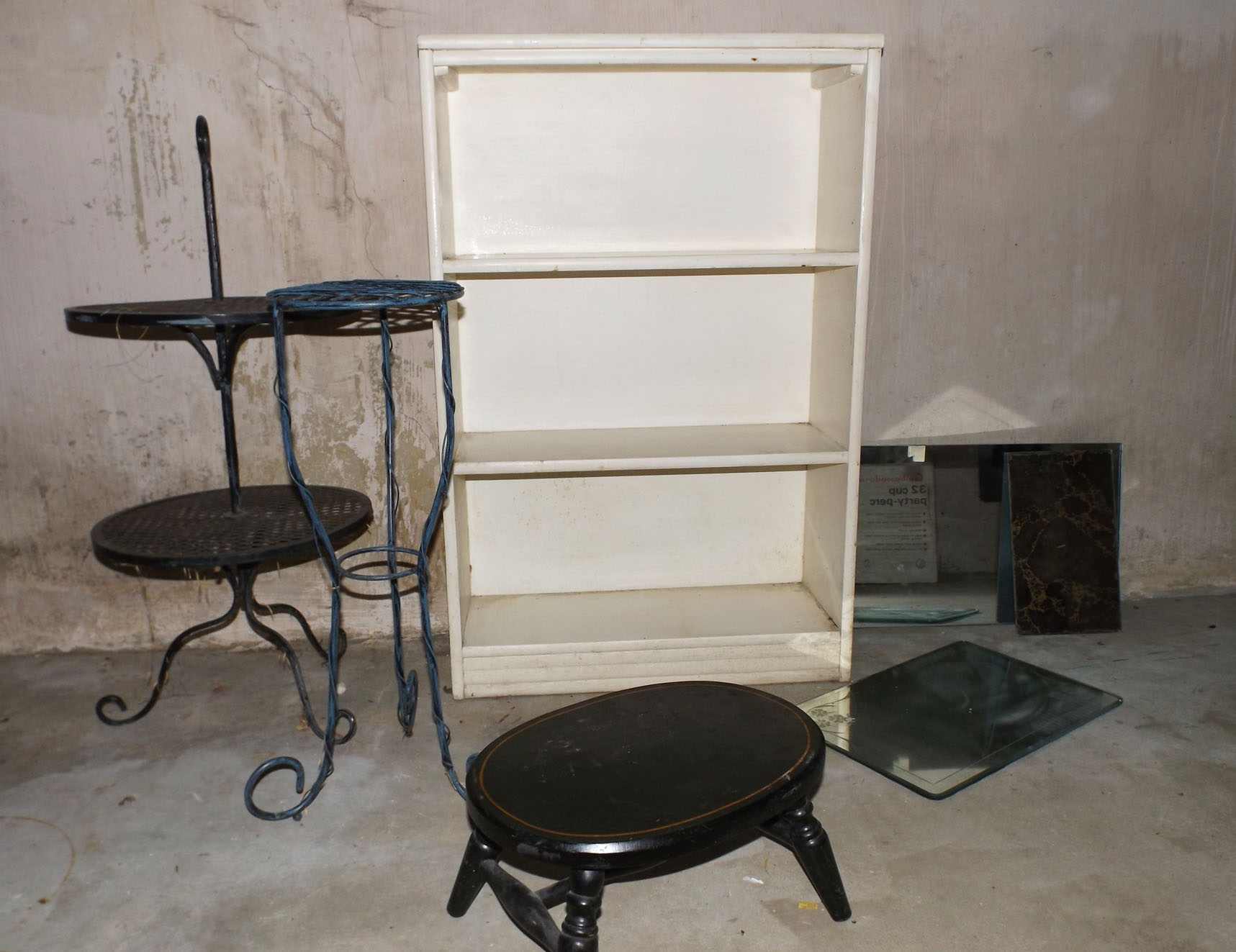 Vintage Bookcase, Iron Plant Stands, Mirrors, Stool