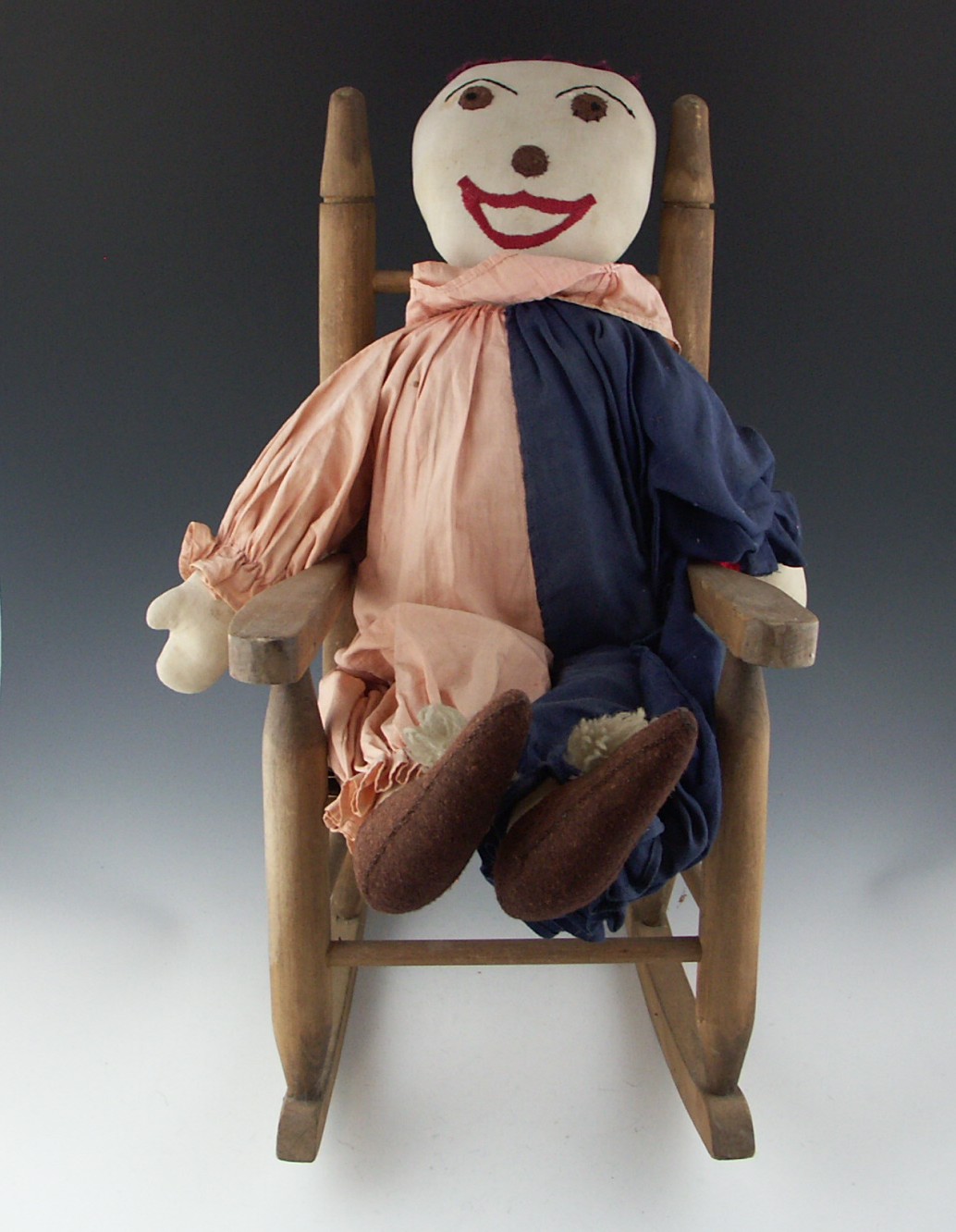 Hand-Sewn Clown Doll and Doll Rocking Chair
