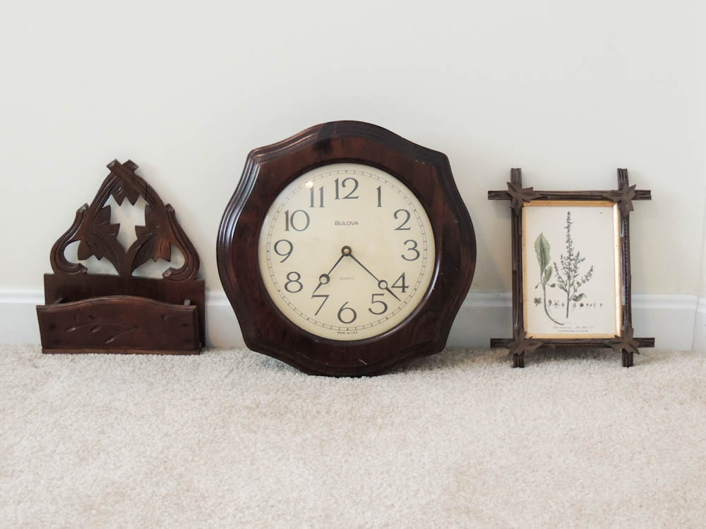 Bulova Chiming Wall Clock, Wood Letter Holder and Wood Frame