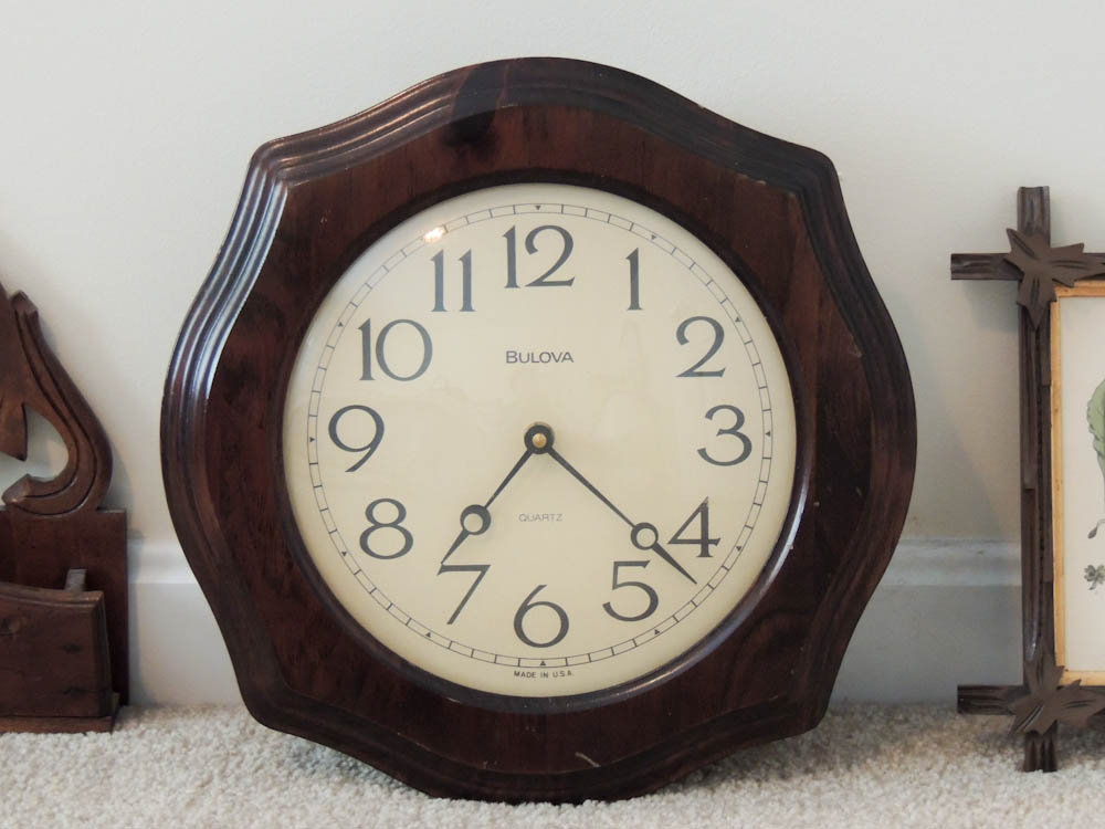Bulova Chiming Wall Clock, Wood Letter Holder and Wood Frame
