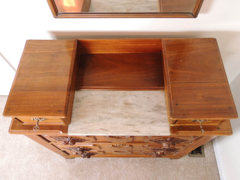 Antique Victorian Drop Center Wood Dresser with Carved Pulls and Marble Top
