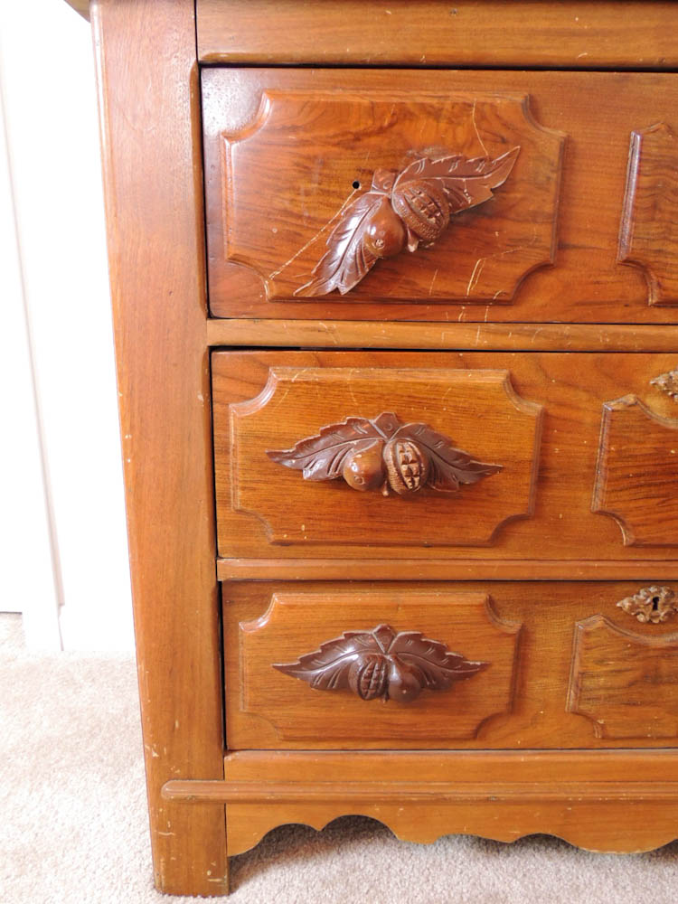 Antique Victorian Drop Center Wood Dresser with Carved Pulls and Marble Top