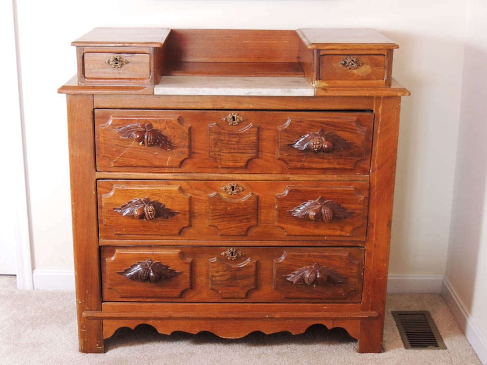 Antique Victorian Drop Center Wood Dresser with Carved Pulls and Marble Top