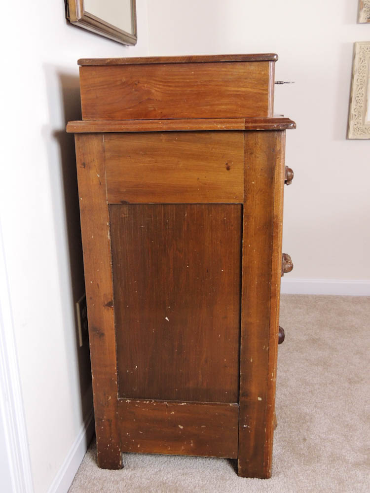 Antique Victorian Drop Center Wood Dresser with Carved Pulls and Marble Top