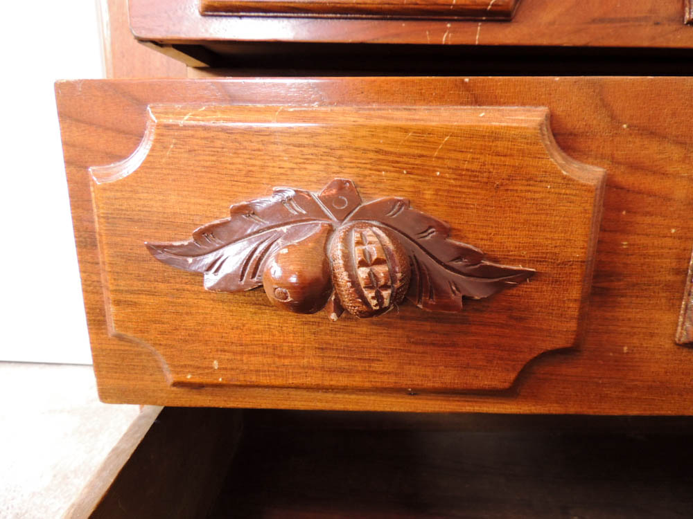 Antique Victorian Drop Center Wood Dresser with Carved Pulls and Marble Top