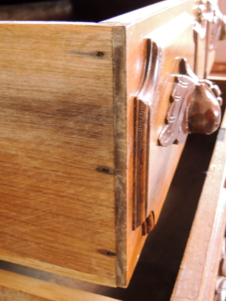 Antique Victorian Drop Center Wood Dresser with Carved Pulls and Marble Top