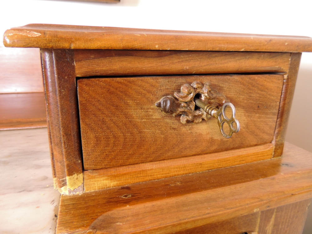 Antique Victorian Drop Center Wood Dresser with Carved Pulls and Marble Top
