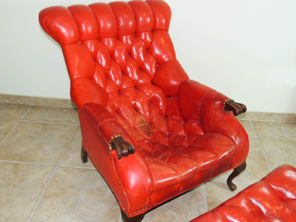 Carl Forslund Vintage Red Leather Button Tufted Chair and Ottoman