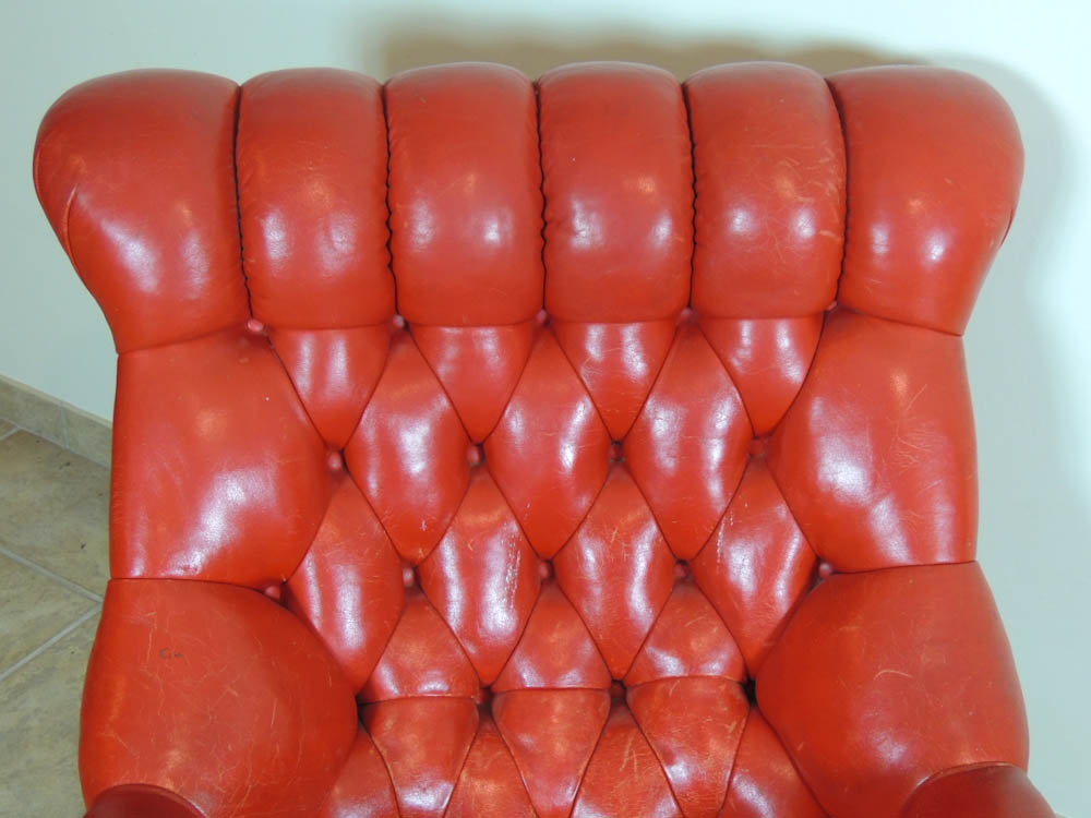 Carl Forslund Vintage Red Leather Button Tufted Chair and Ottoman