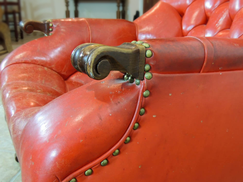 Carl Forslund Vintage Red Leather Button Tufted Chair and Ottoman
