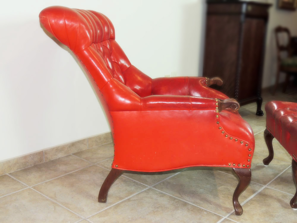 Carl Forslund Vintage Red Leather Button Tufted Chair and Ottoman
