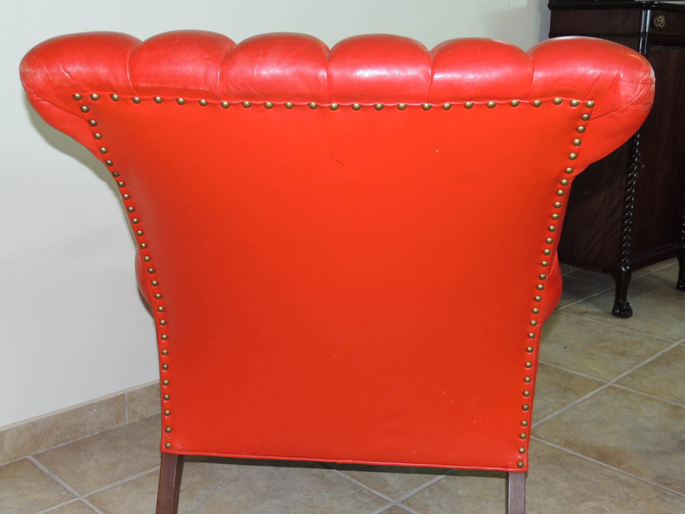 Carl Forslund Vintage Red Leather Button Tufted Chair and Ottoman
