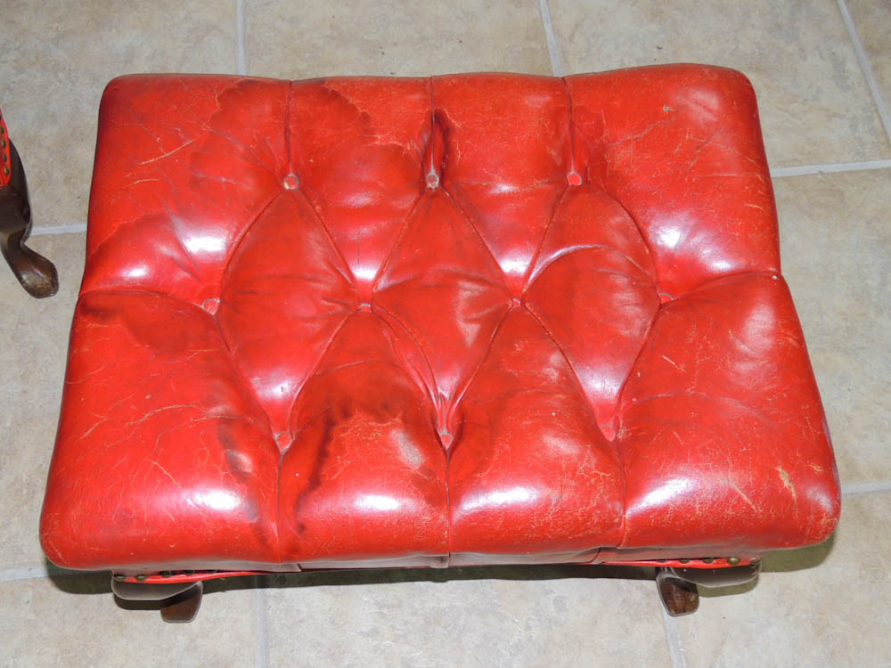 Carl Forslund Vintage Red Leather Button Tufted Chair and Ottoman