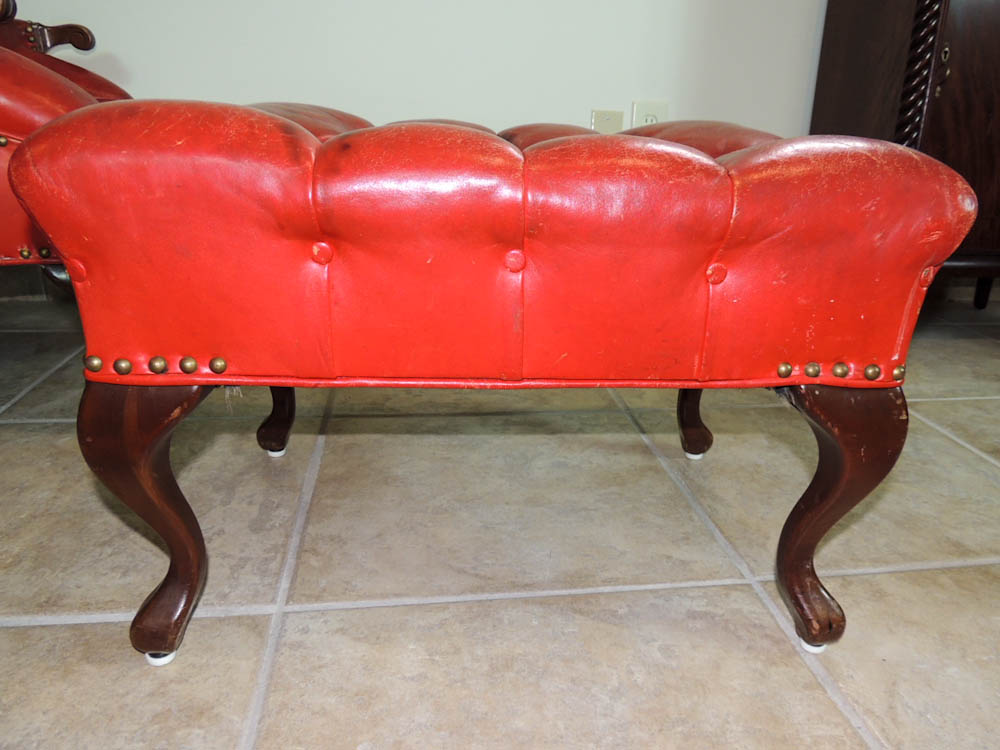 Carl Forslund Vintage Red Leather Button Tufted Chair and Ottoman