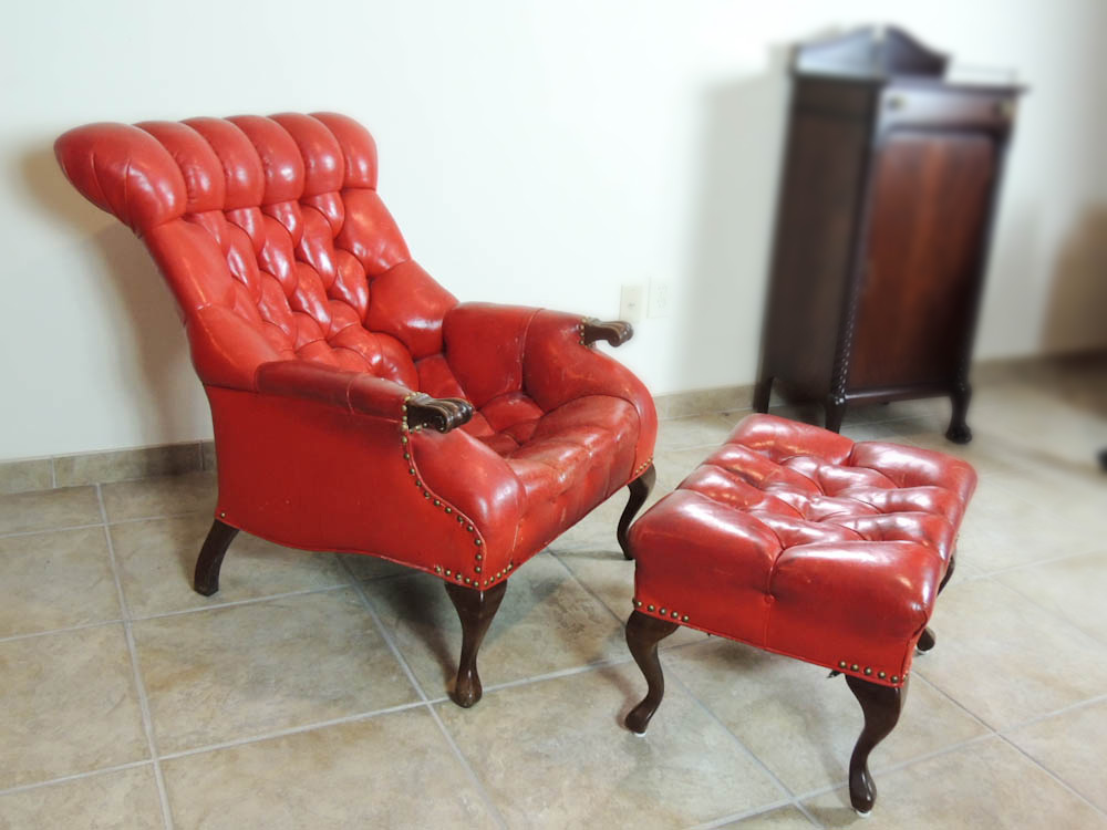 Carl Forslund Vintage Red Leather Button Tufted Chair and Ottoman