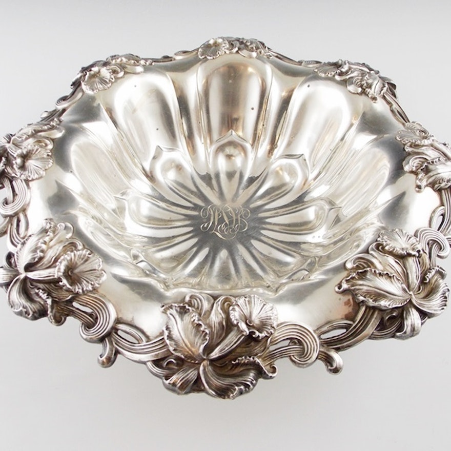 A Spectacular Antique Sterling Silver Lobed Bowl with Jonquils at the Edge 