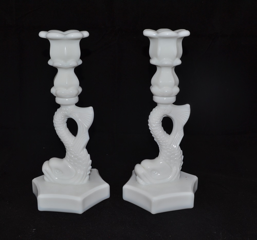 Vintage Westmoreland Milk Glass Dolphin Candlesticks