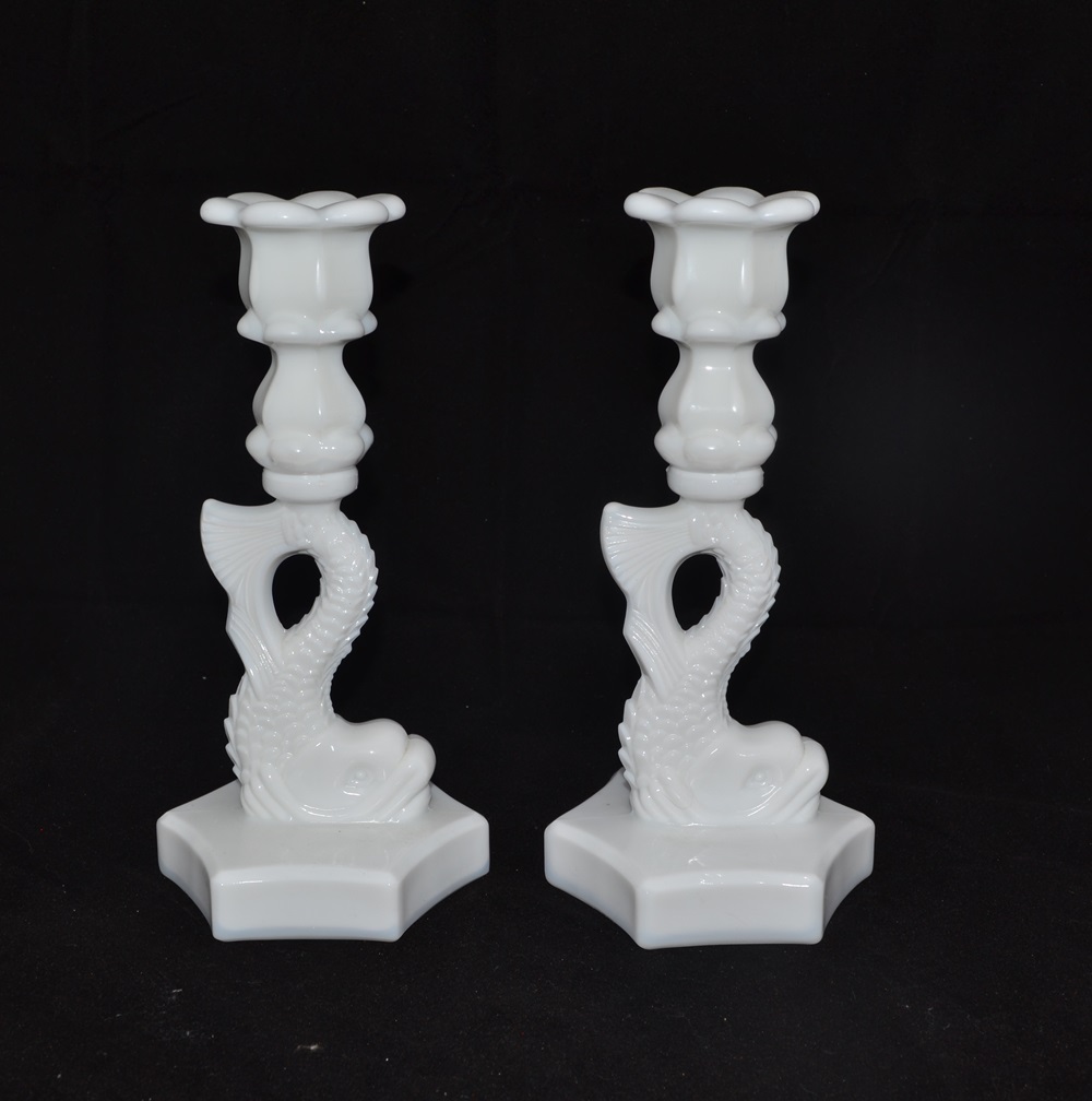 Vintage Westmoreland Milk Glass Dolphin Candlesticks