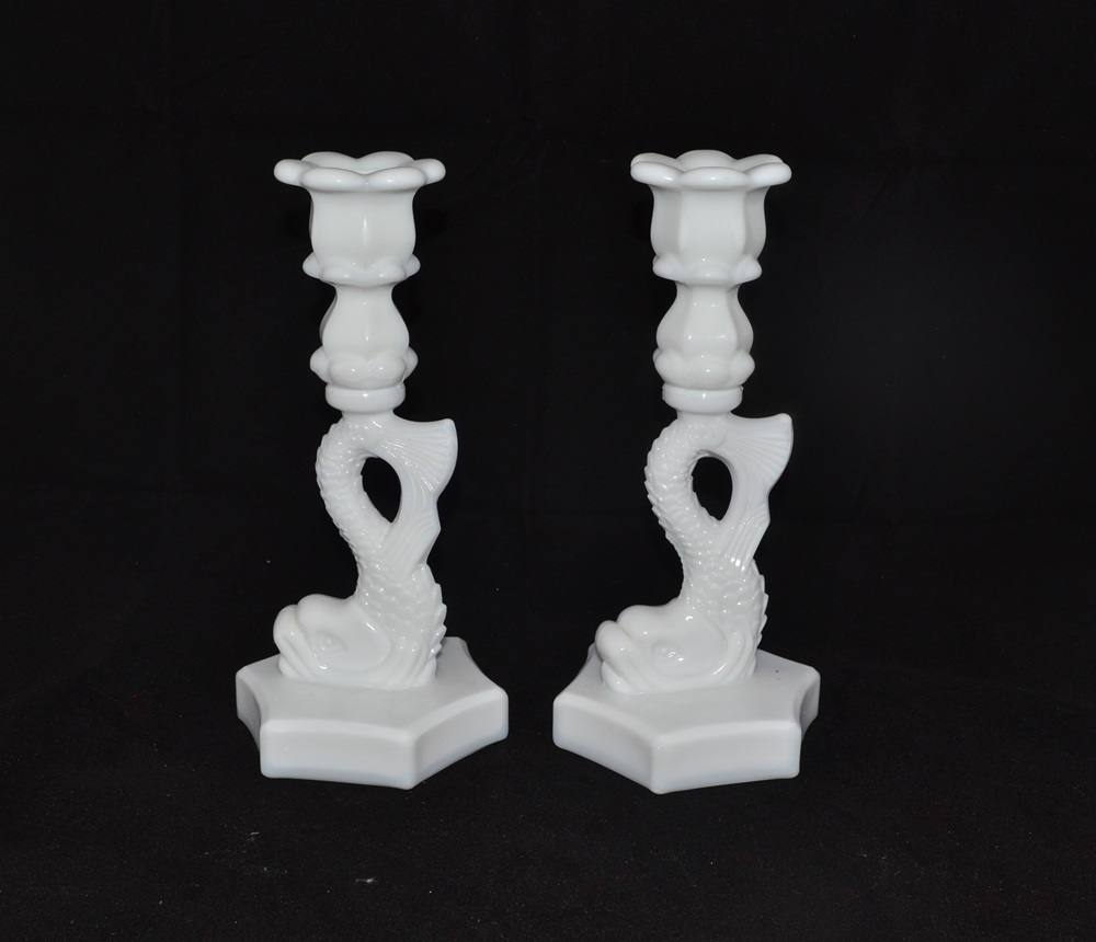 Vintage Westmoreland Milk Glass Dolphin Candlesticks