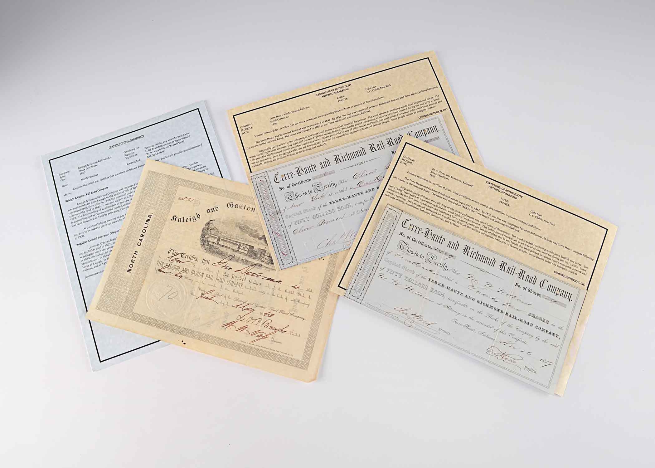 Three Railroad Stock Certificates Mid 1800s