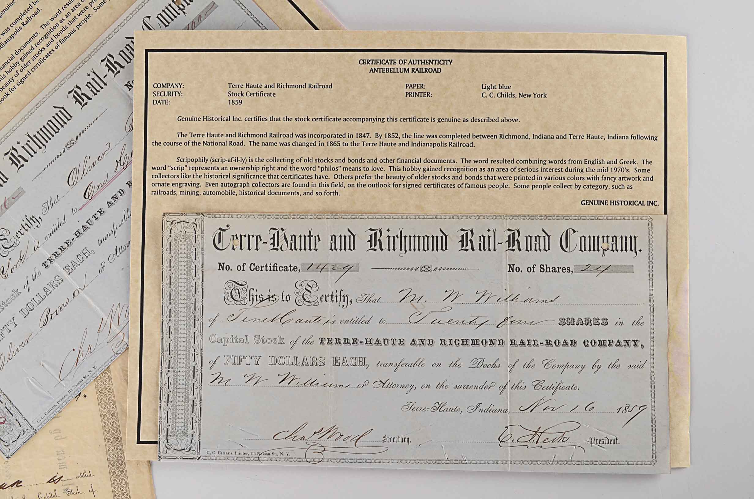 Three Railroad Stock Certificates Mid 1800s