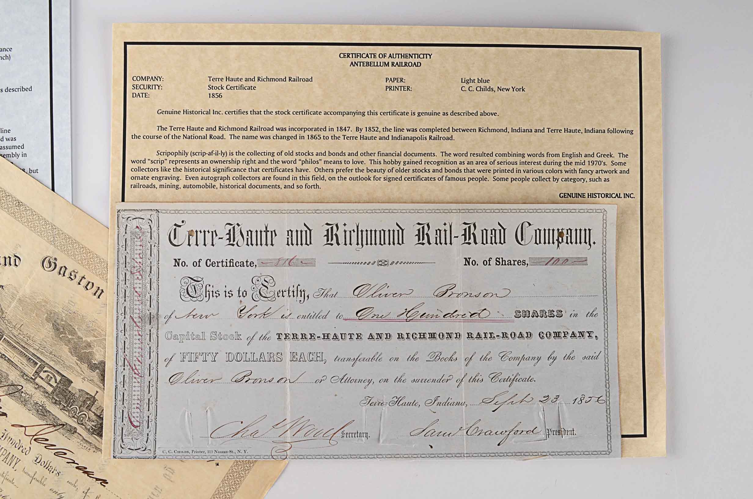 Three Railroad Stock Certificates Mid 1800s