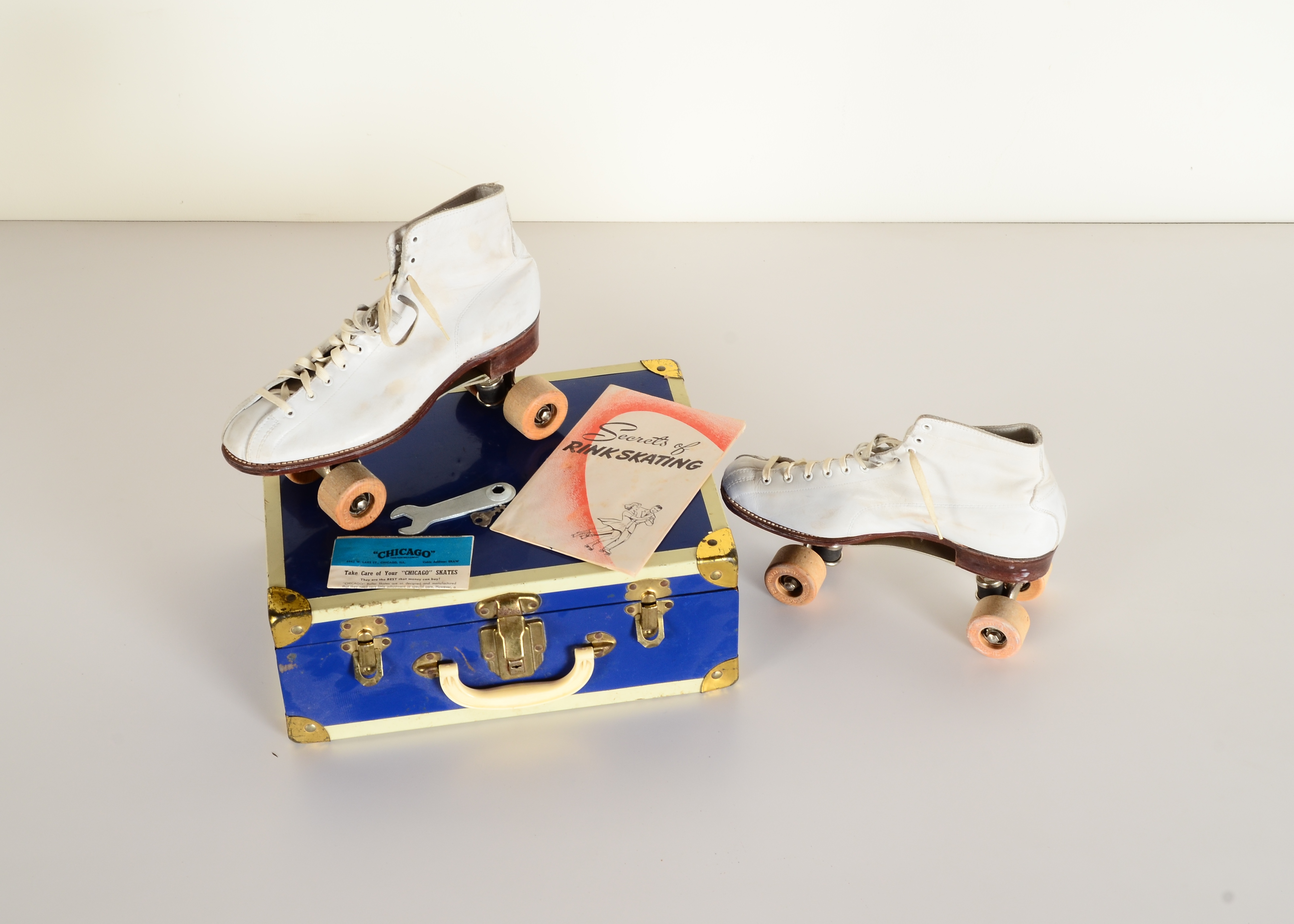 Circa 1950 Chicago White Leather Roller Skates in Case