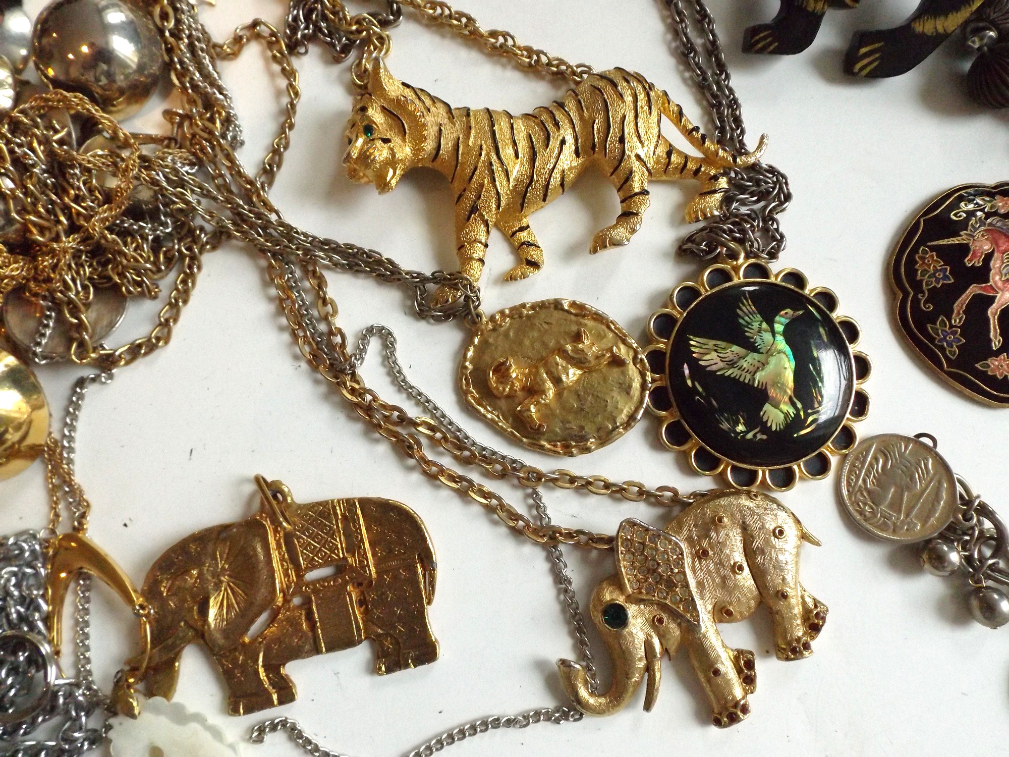 Goldtone and Silvertone Animal Pendant Necklaces, Coin Bracelet, Enamelware